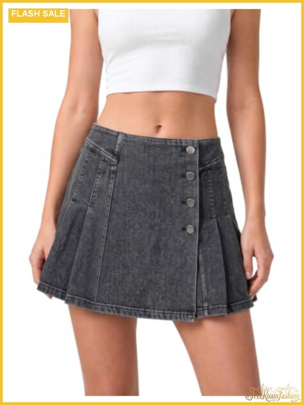 High Waist Denim Skort Pleated Mini Skirt Pockets Stretch